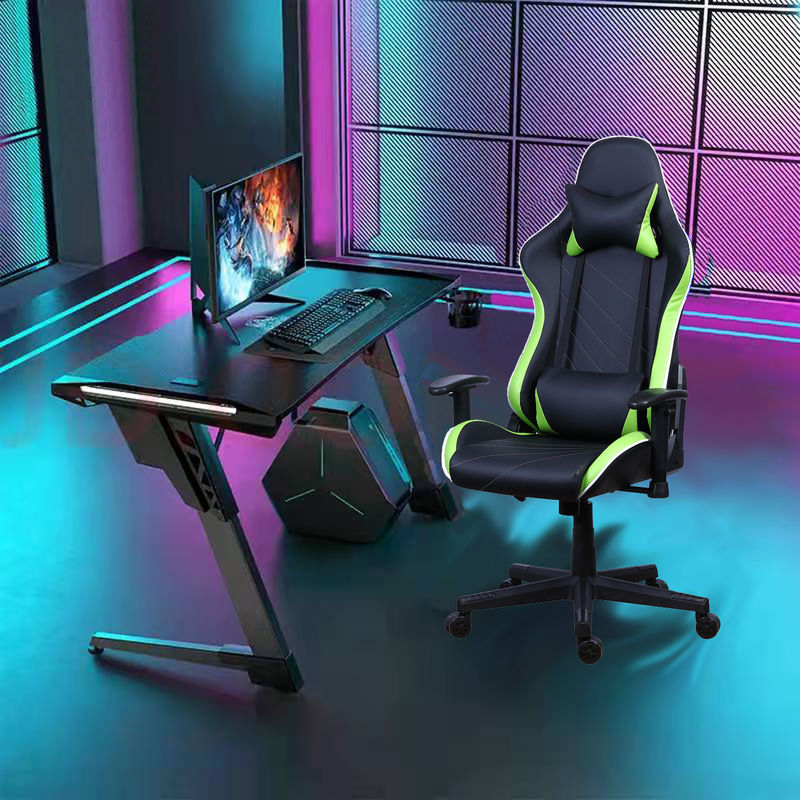 Chaise de joueur reclinable en cuir en PU Castors avec barre lumineuse LED Chaise de jeu RGB